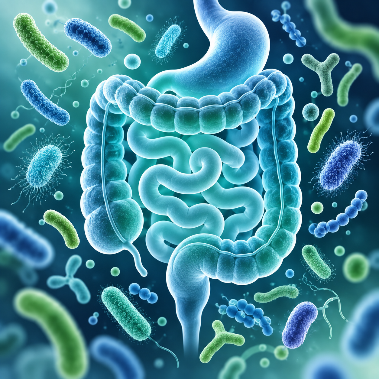 Illustration of the human digestive tract and gut microorganisms