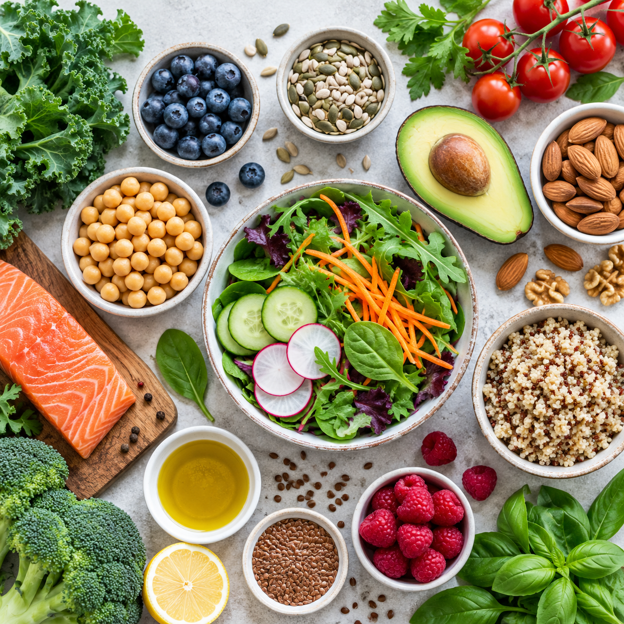Selection of vegetables, fruit, legumes, nuts, seeds and other foods
