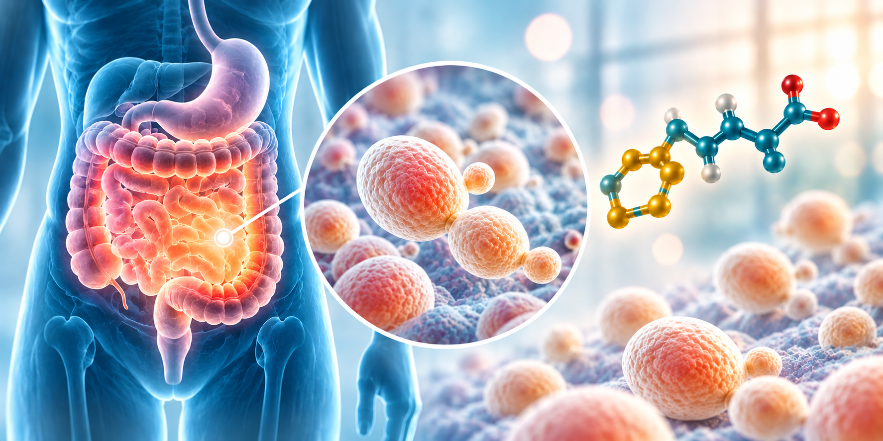 Conceptual illustration of the digestive system and microscopic yeast-like cells.