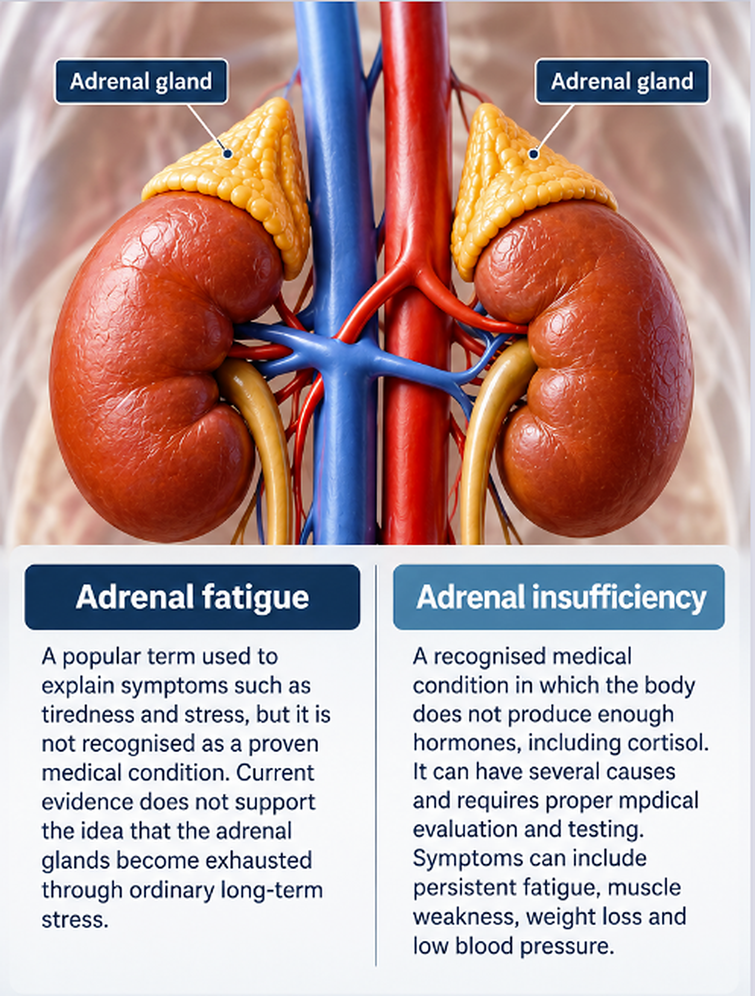Illustration of the adrenal glands accompanying an explanation of adrenal fatigue and recognised adrenal insufficiency