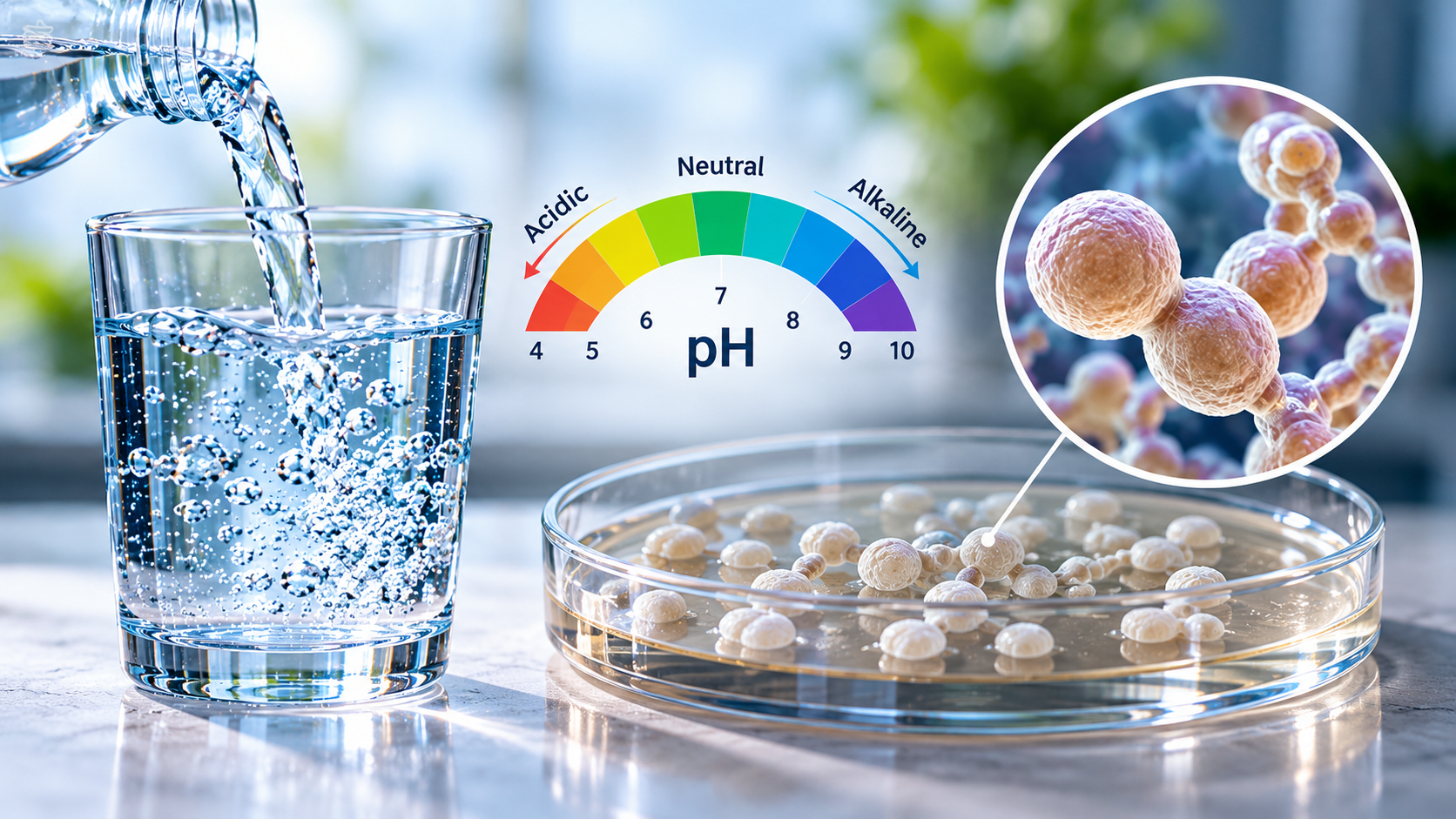 A glass of water, a pH scale showing acidic to alkaline levels, and a petri dish with magnified Candida-like yeast cells.