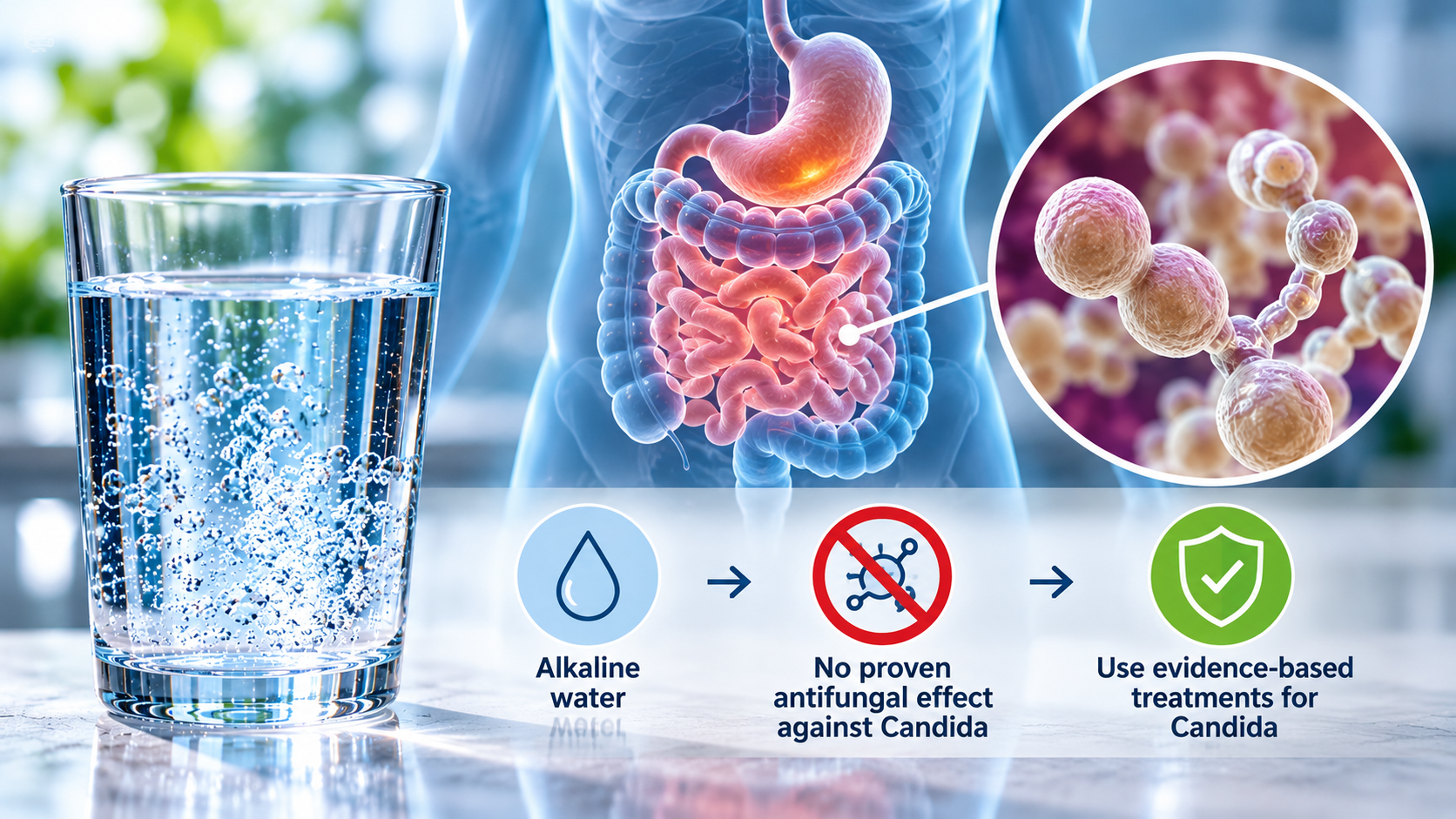 Medical illustration of the digestive system beside a glass of water and magnified Candida-like yeast cells, explaining that alkaline water has no proven antifungal effect against Candida.